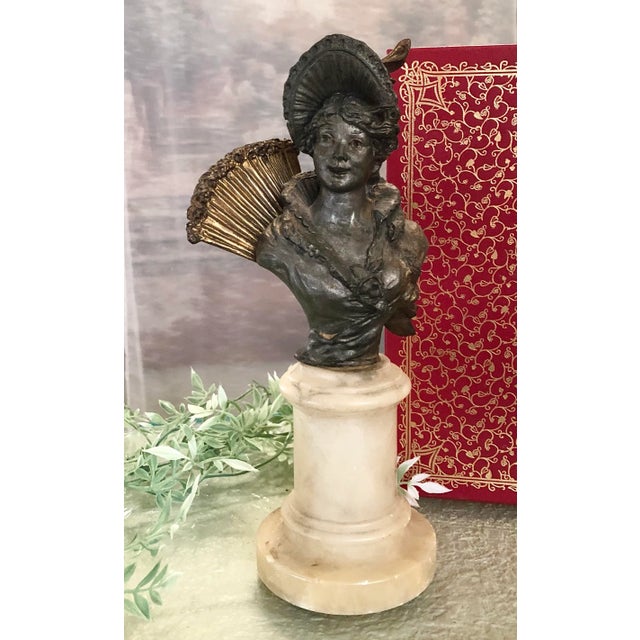 Early 20th Century Antique Spelter Bust on Alabaster Art Nouveau Victorian Woman For Sale - Image 5 of 11