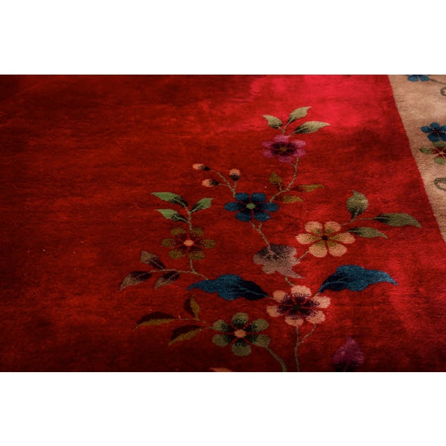 Art Deco 1920s Antique Red Scarlett Floral Haute Modern Knotted Wool Chinese Art Deco Rug For Sale - Image 3 of 9