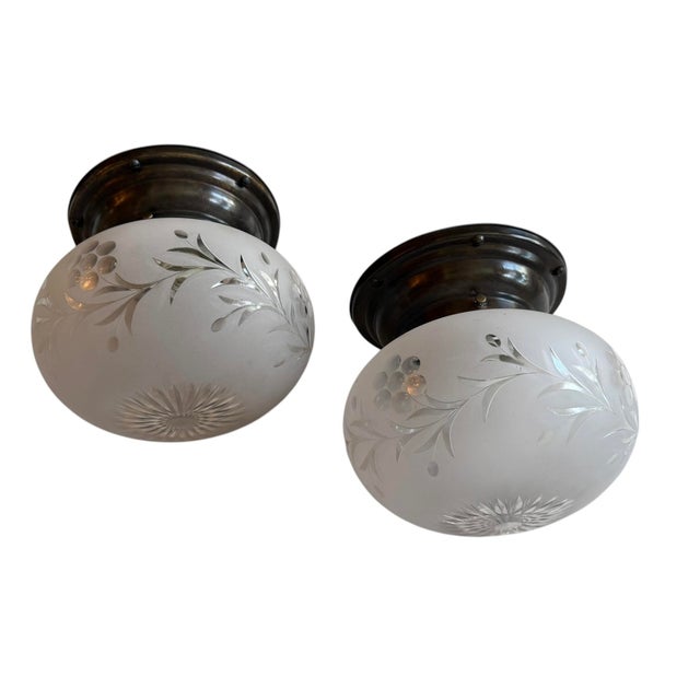 Transparent Circa 1920’s Rare Pair of Wheelcut Flowers and Vines Glass Ceiling Lights For Sale - Image 8 of 9