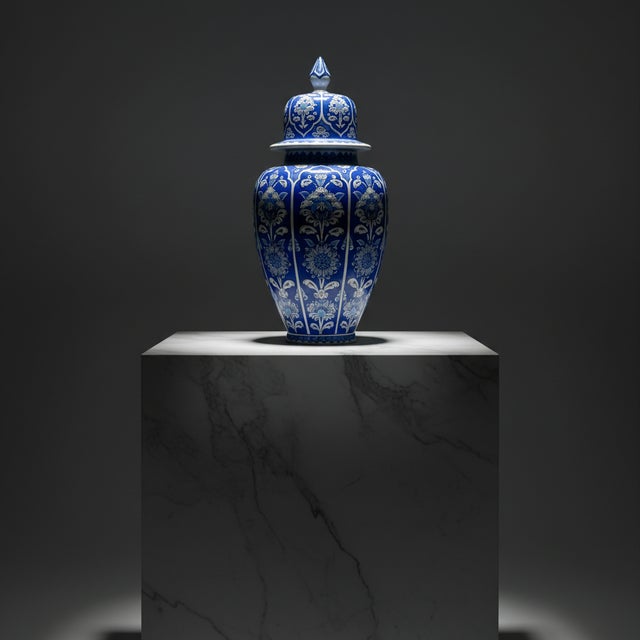 Ceramic Handmade Ceramic Lidded Jar (30cm) The Shah Vase Cobalt Blue Ground and White Floral Panels For Sale - Image 7 of 7