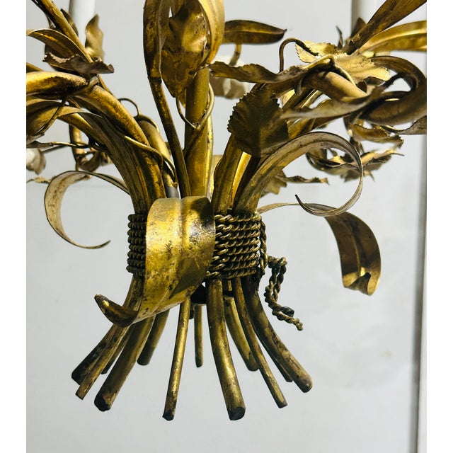 Vintage Italian Gilded Tole and Cream Enamel Floral 6-Light Chandelier For Sale - Image 4 of 17