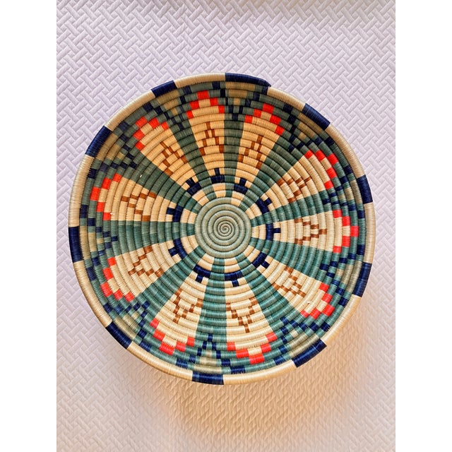 African Woven Natural African Basket With Teal Blue & Cream Design For Sale - Image 3 of 6