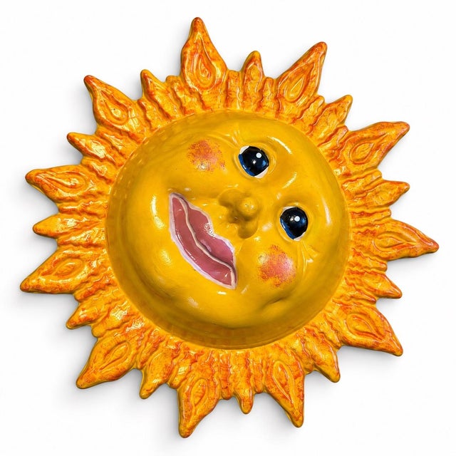 Late 20th Century Whimsical Yellow Ceramic Sun Face Wall Plaque For Sale - Image 4 of 7