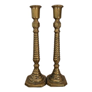 Pair of Vintage Solid Brass Turned Candlestick Holders, 10.8" For Sale