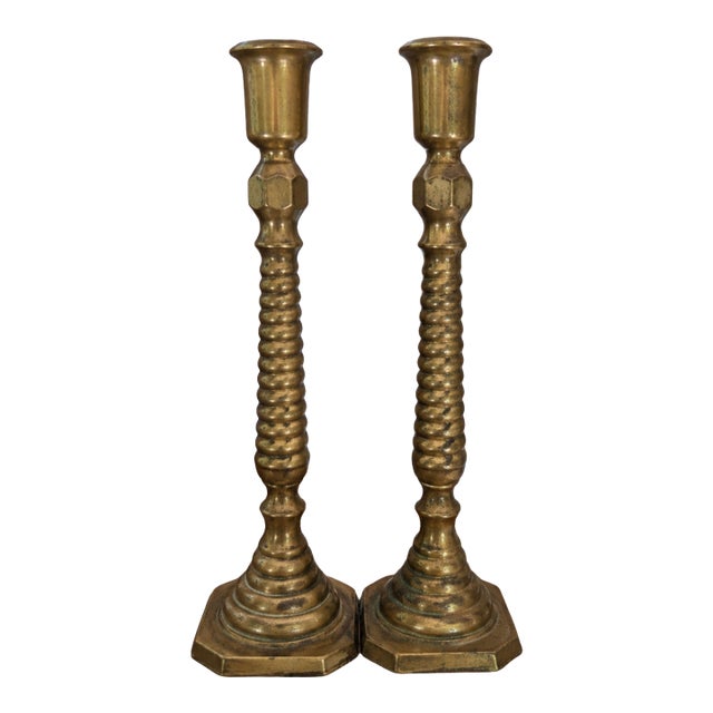 Pair of Vintage Solid Brass Turned Candlestick Holders, 10.8" For Sale