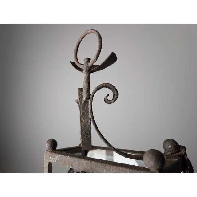 Black Wrought Iron Lantern with Glass Panels and Foliate Motifs, 1980s For Sale - Image 8 of 18