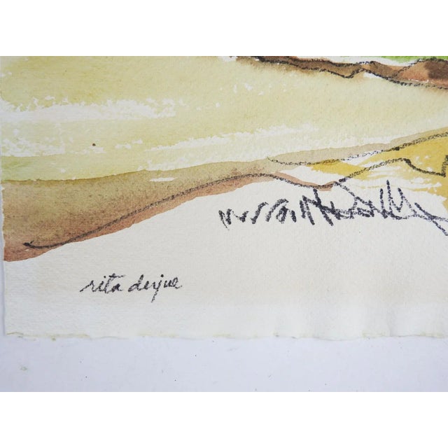 Vintage mid 20th century watercolor and ink on paper mountain valley landscape painting by Rita Derjue (20th century)...