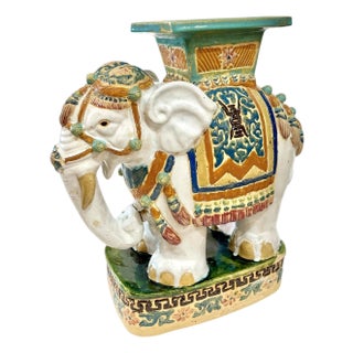 Vintage Hollywood Regency Style Glazed Terracotta Elephant Garden Seat For Sale