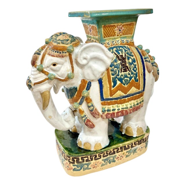 Vintage Hollywood Regency Style Glazed Terracotta Elephant Garden Seat For Sale