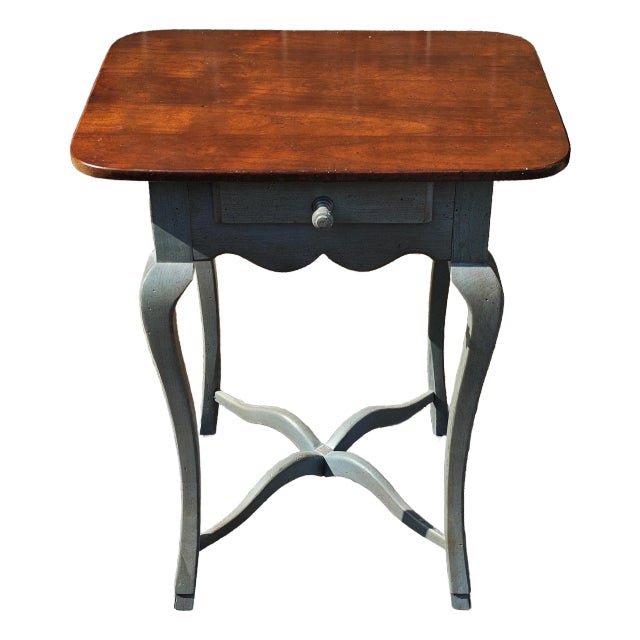 Hickory Chair Walnut and Damask Blue Painted Single Drawer Side Table For Sale