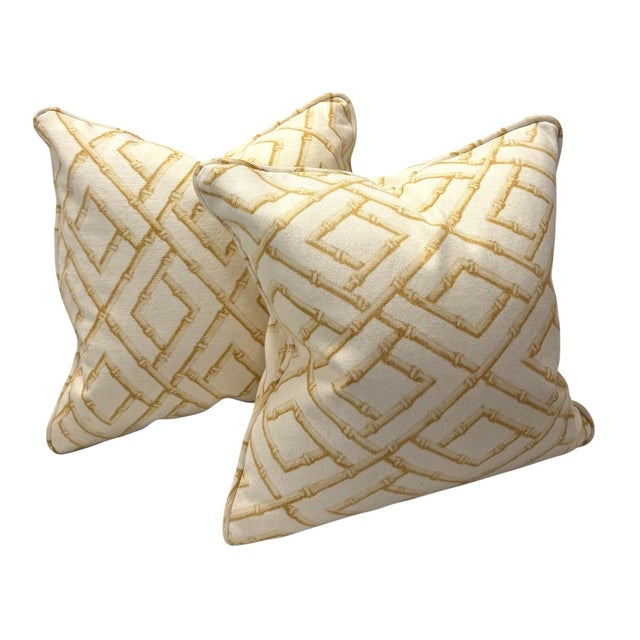 A handsome pair of vintage Scalamandré decorative pillows upholstered in an iconic 1960s Scalamandré woven fabric...