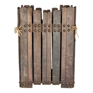 1900s Antique Wooden Basket With Brass Nailheads and Leather Ties