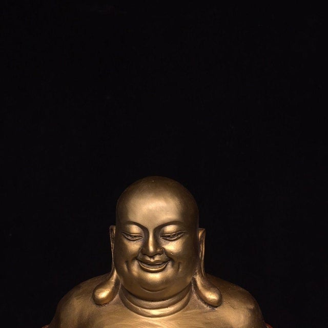 Metal Vintage Gilt & Painted Brass Laughing Buddha Maitreya Statue on Double Lotus Base For Sale - Image 7 of 9