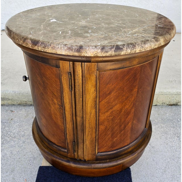 Brown Vintage Round Brown Marble Top Drum Side End Center Table With Storage Cabinet For Sale - Image 8 of 13