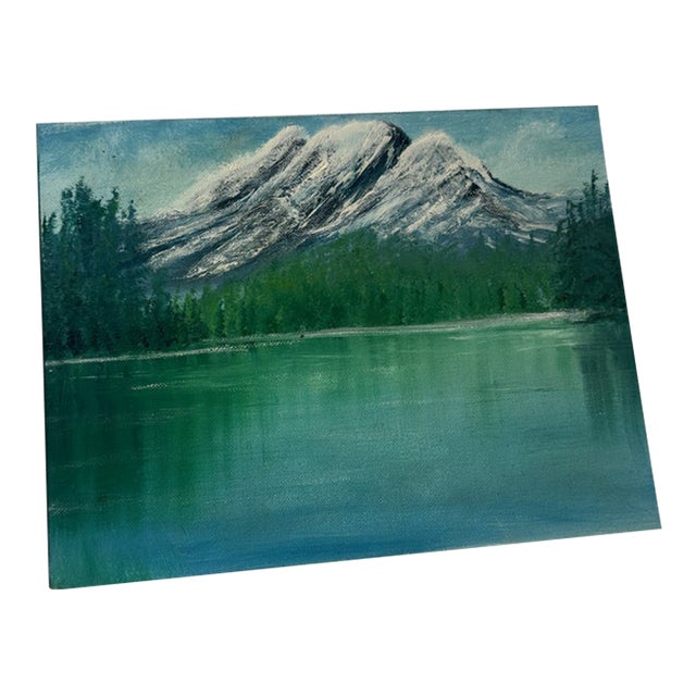 1990s Mountain and Lakeside Landscape Painting on Canvas For Sale