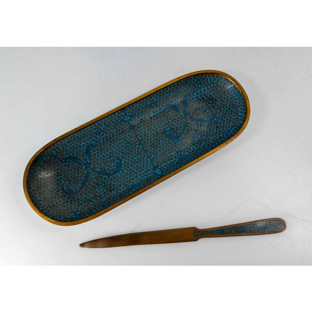 20th Century Chinese Turquoise Teal Cloisonne Enamel Desk Set For Sale - Image 12 of 15