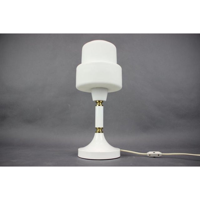 Opaline Glass and Brass Table Lamp from Drukov Brno, Former Czechoslovakia, 1970s For Sale - Image 6 of 12