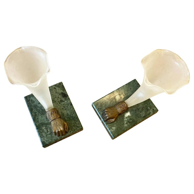 Bronze Art Glass & Green Marble Base Sculpture Vases - A Pair For Sale - Image 13 of 13