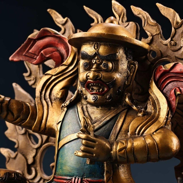 1960s Vintage Tibetan Painted Gilded Bronze Dorje Shugden Protector Buddha Statue on Lion For Sale - Image 5 of 10