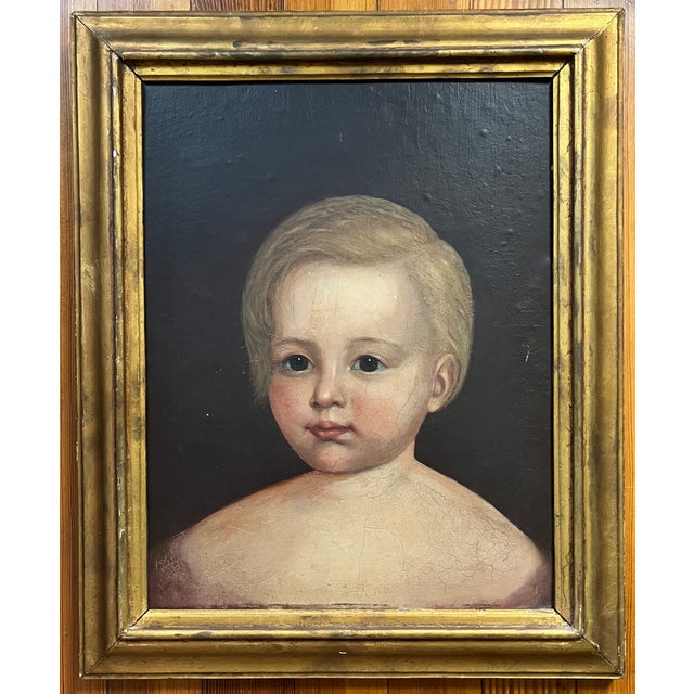 Black Antique 18th Century English George III Primitive Folk Art Oil Painting - Portrait of a Young Boy in Gilt Wood Frame Circa 1790 For Sale - Image 8 of 12