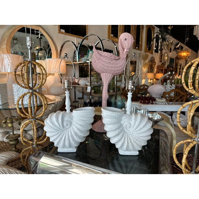 Modern Vintage Pair Palm Beach Nautilus Shell Seashell Plaster Table Lamps Newly Wired For Sale - Image 3 of 12