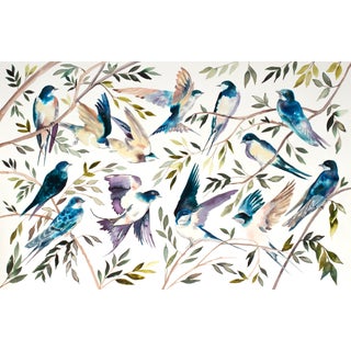 "Tree Swallows" - Original Birds on Branches Watercolor Ink Painting by Elizabeth Becker For Sale