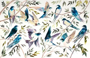 "Tree Swallows" - Original Birds on Branches Watercolor Ink Painting by Elizabeth Becker