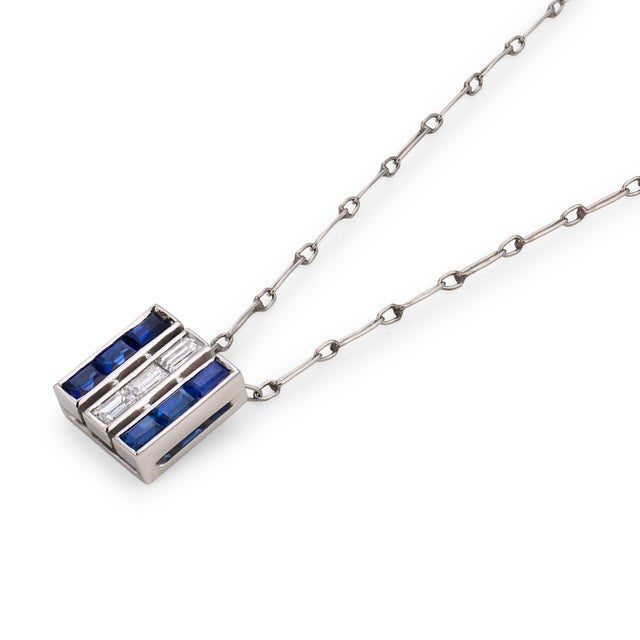 1920s Art Deco Sapphire Diamond Platinum Necklace For Sale - Image 4 of 6