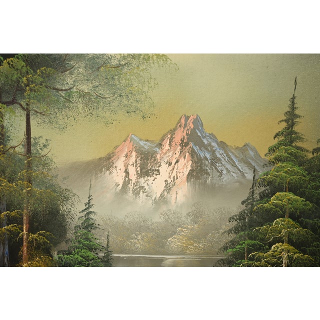 Bob Ross Style Original Signed Lakeside Mountain Landscape Oil Painting in Carved Wood Frame For Sale - Image 9 of 16