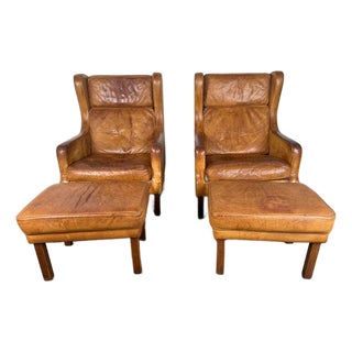 Pair of Mid-Century Scandinavian Wingback Leather Lounge Chairs For Sale