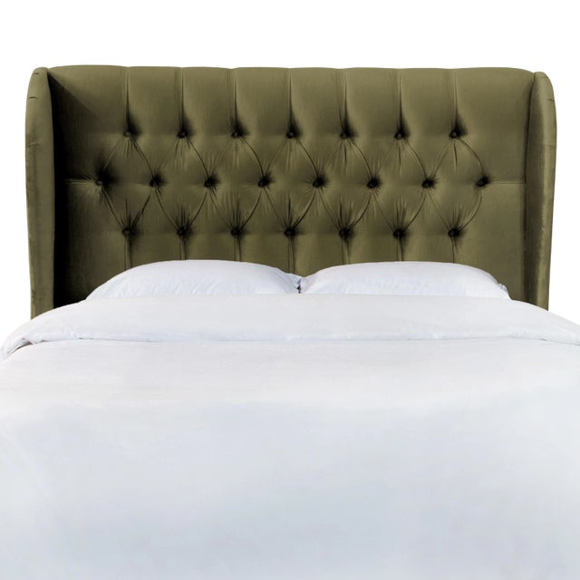 Lulu Wingback Tufted Headboard in Pine Shine Velvet, Queen For Sale