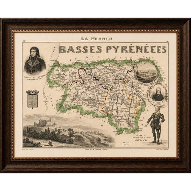Original antique decorative map of the former French department of Basses-Pyrénées, published in Paris around 1850 by the...