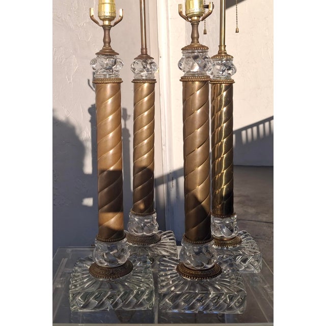 1920's Tall French Baccarat Columnar Crystal & Brass Swirl Table Lamps Set of 4 For Sale - Image 10 of 12