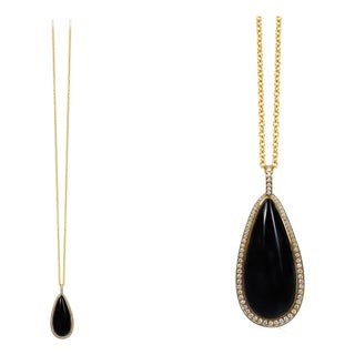 Black Onyx Pear Shape Cabochon Pendant with Diamonds For Sale