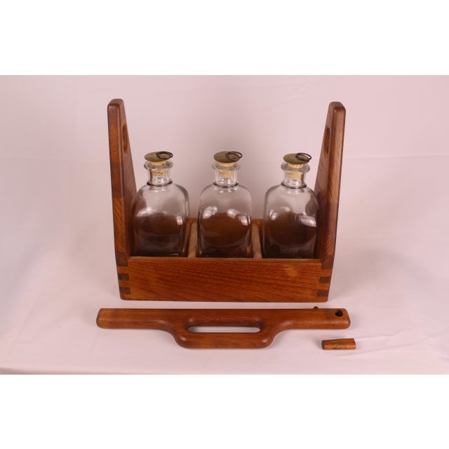 Mid-Century Modern 1960s Danish Teak - Spirit Tantalus w/ 3 pc Decanters - 4 pcs For Sale - Image 3 of 9