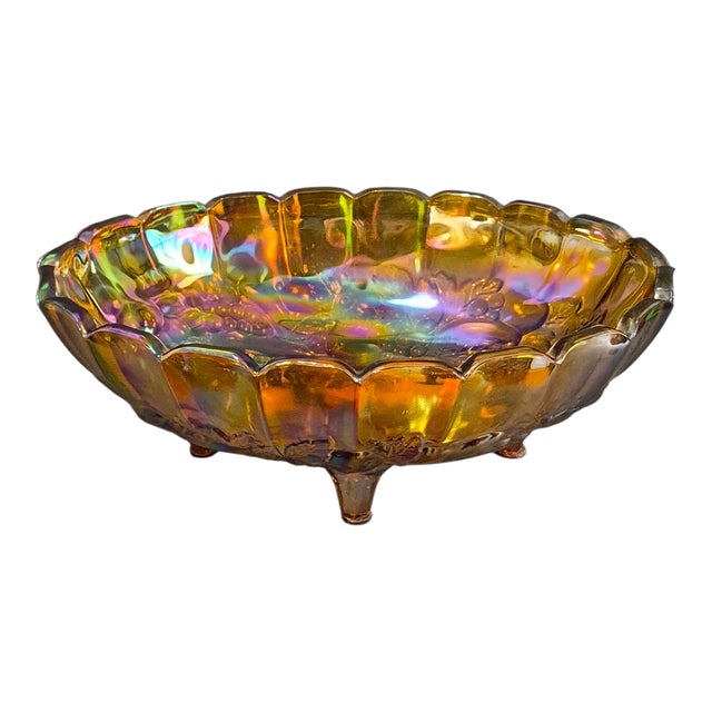 Glass Vintage Oval Footed Iridescent Carnival Glass Fruit Bowl Center Piece For Sale - Image 7 of 7