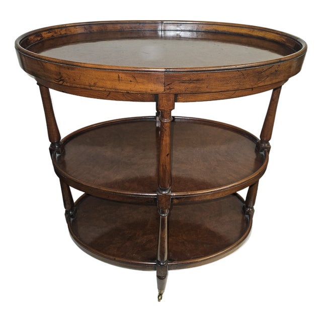 Burl Walnut Three Tier Table by Henredon on Tiny Brass Castors For Sale