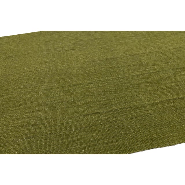 Textile Modern Solid Olive Green Kilim Area Rug – Handmade Flatweave Wool 10x16 For Sale - Image 7 of 11