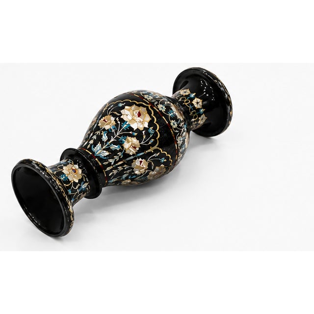 Pietra Dura Floral Art Home Decor | Black Marble Inlay Flower Vase Set 15" Inches For Sale - Image 4 of 5
