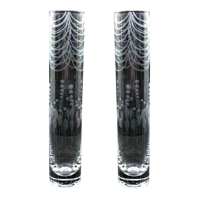 Etched Clear Glass Bud Vase - A Pair For Sale