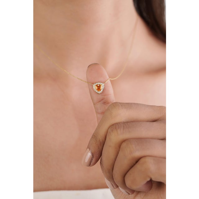 Orange 14k Yellow Gold Trillion-Cut Citrine & Diamond Halo Pendant Necklace by VRJewels For Sale - Image 8 of 17