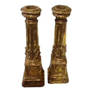 Greek/Roman Column Design Gold Crackle Glazed Candle Holders - A Pair For Sale