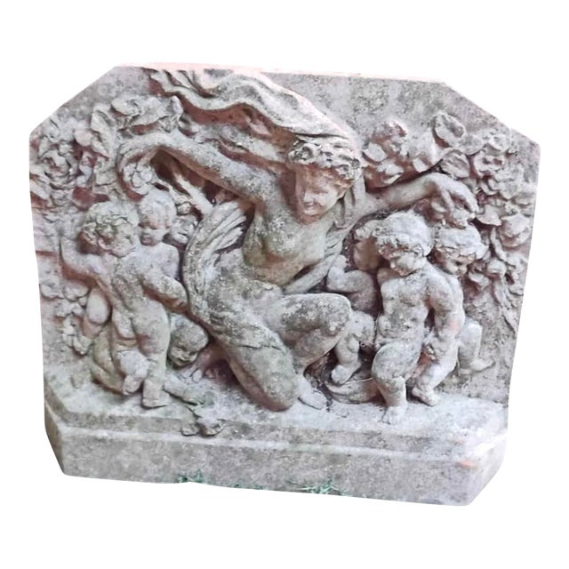 Vintage Bacchic Garden Relief Sculpture — Cherubs & Garland Motif (13½″ × 14½″) For Sale