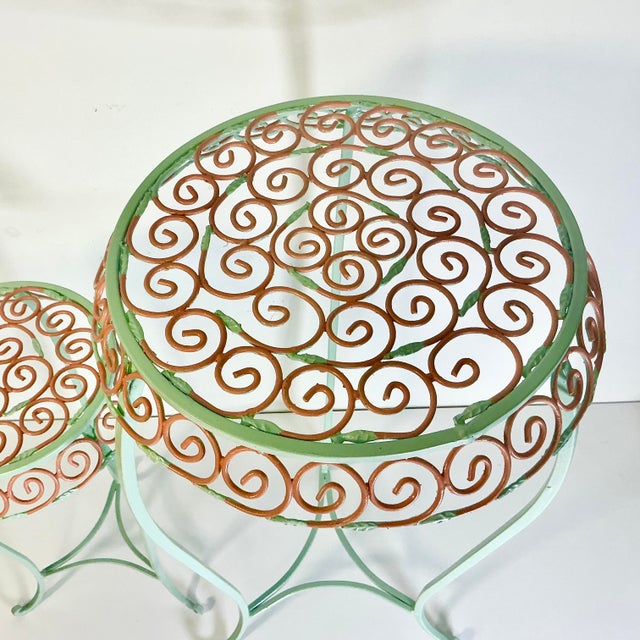 Salmon 1950s Vintage Art Nouveau French Tole Metal Plant Stands - A Pair, Newly Painted For Sale - Image 8 of 10