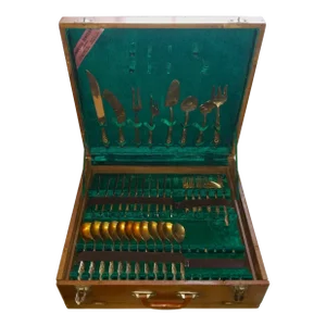 1950s Thai "Princess Jewelry" Bronze Flatware Set in Teak Case - 128 Piece, 12 Settings