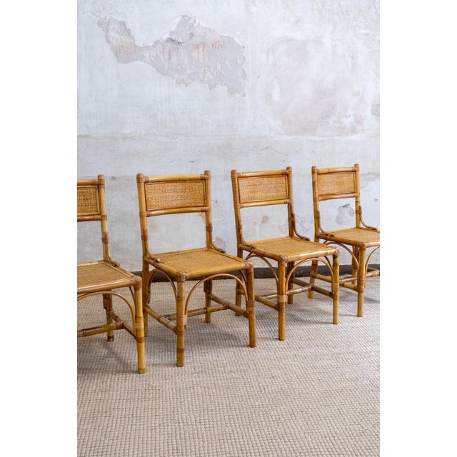 1970s Bamboo and Rush Fabric Chairs, Italy, 1970s, Set of 4 For Sale - Image 5 of 8