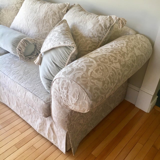 Greige and Silver Sage Damask Sofa With Velvet Accent Pillows Chairish