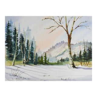 Late 20th Century Snowy Winter Landscape Watercolor Painting For Sale