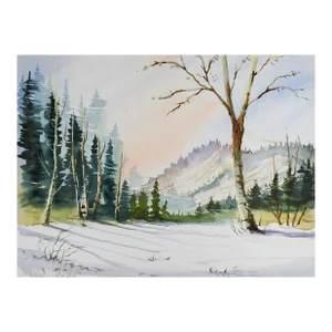 Late 20th Century Snowy Winter Landscape Watercolor Painting