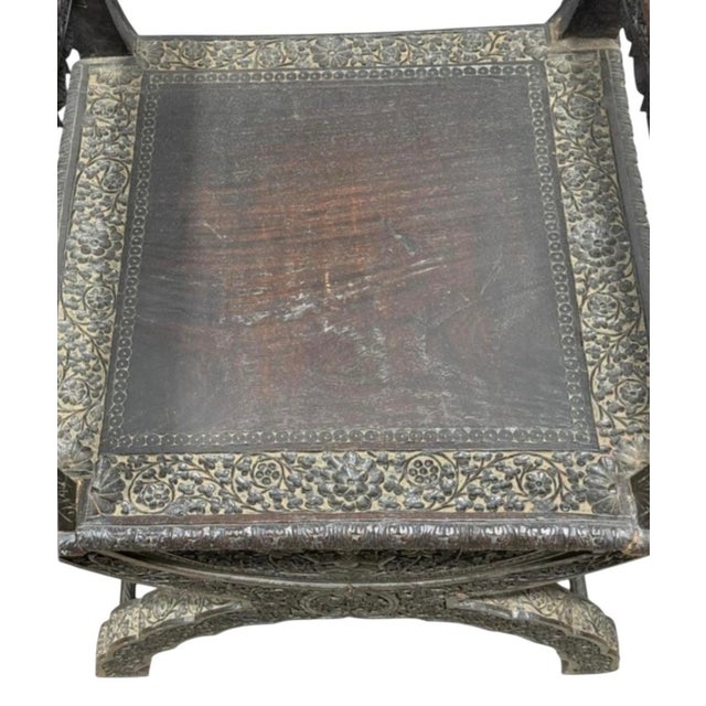 Antique Moorish Carved Folding Throne Chair With Textile Panel | Anglo-Indian Ottoman Revival For Sale In Atlanta - Image 6 of 8